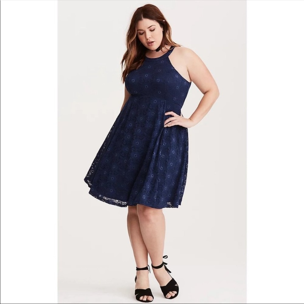 Torrid High Neck Navy Lace Skater Dress